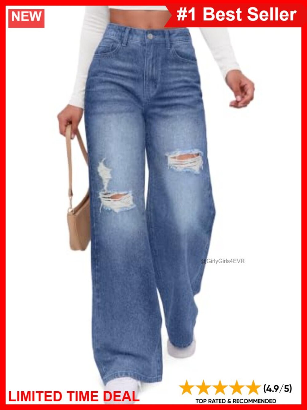 Wide Leg Ripped High Waisted Jeans 100% Cotton Rigid Denim Pants